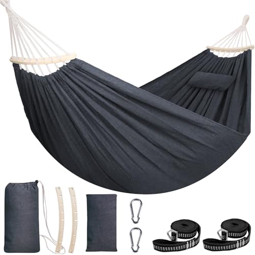 Chihee Hamaca de Algodón 300x150cm Suave Transpirable Hamaca de Camping Soporta hasta 300kg Portátil Hamacas para árboles con Barra Separadora Desmontable Almohada 2 Correas Resistentes 2 Ganchos