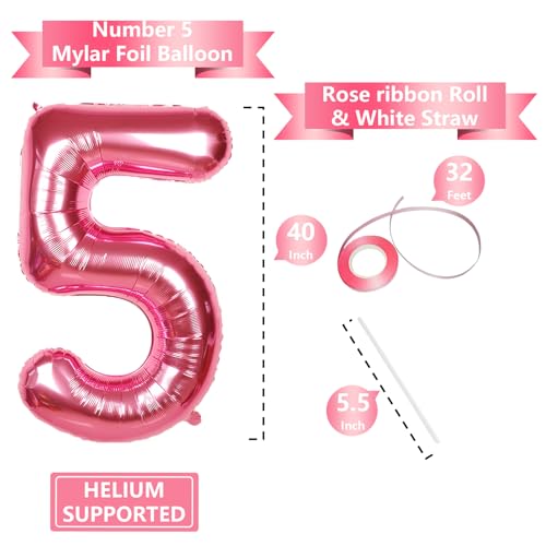 Image of 40 Inch Giant Hot Pink Number Balloon, Mylar Foil Helium Hot Pink Balloons for Birthday Party, Number 5 Balloon for Birthday Decorations, Hot Pink 5 Birthday Balloon