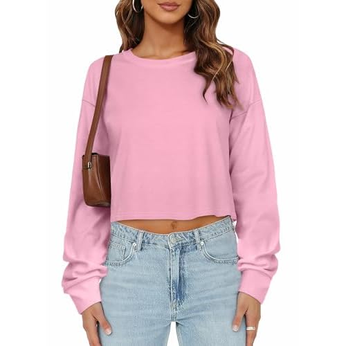 Womens Long Sleeve Crop Tops Loose Fit Cropped T Shirts Crew Neck Basic Tees Medium Pink Color