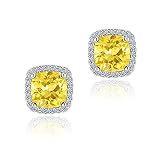 YOMELA Cubic Zirconia Earrings Studs, Dainty Everyday Square Halo Yellow Birthstone Earrings Simulated Diamond Stud Earrings for Women Hypoallergenic