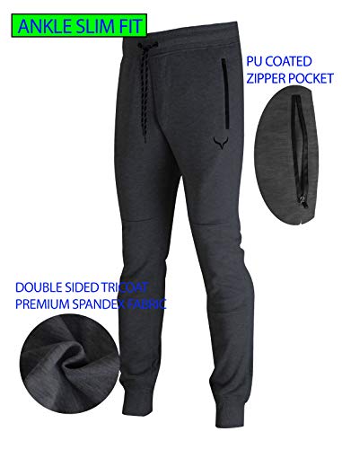 Image of Screenshot SPORTS-A4053 Mens Premium Slim French Terry Spandex Fleece Pants - Athletic Jogger Fitness Workout Gym Zipper Pockets