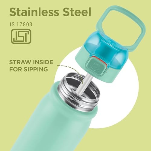 Image of MILTON Reva 1000 ISI Certified Stainless Steel Water Bottle with Twin Lid Sip or Gulp, 1 Litre | Single Wall, BPA-Free, Leakproof | Sturdy Handle | Ideal for Home, Office, Gym & Travel, Aqua Green