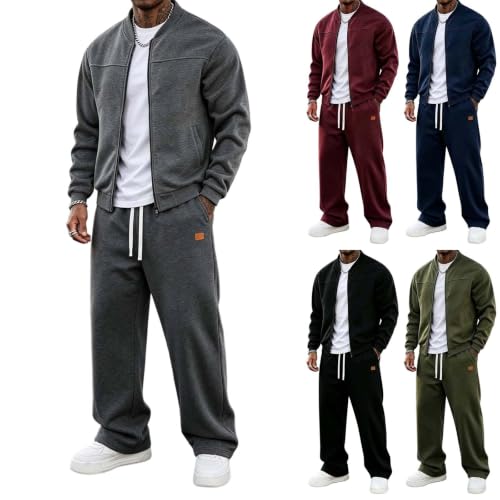 Mens Sweat Sets Ribbed Collar Full Zip Top and Loose Wide Leg Pants Set