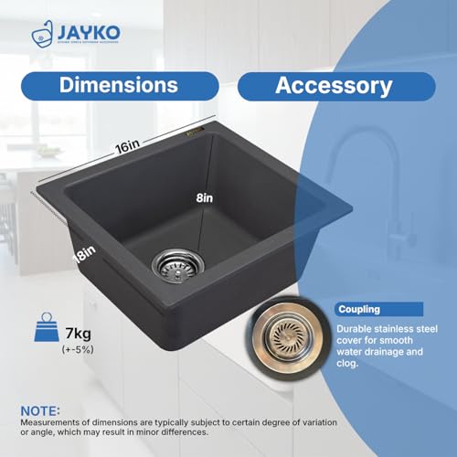 Image of JAYKO Quartz Acrylic Kitchen Sink for Modular Kitchen | Granite Finish, Scratch & Heat Resistant | Easy to Clean & Stylish Sink for Home (LI, 16x18in)