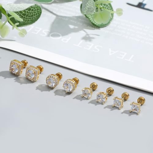 NEWITIN 4 Pairs Stainless Steel Stud Earrings for Men Hypoallergenic Earring Flatback Earring Screw Back Studs Inlaid Cubic Zirconia Stud Earrings for Women Men4