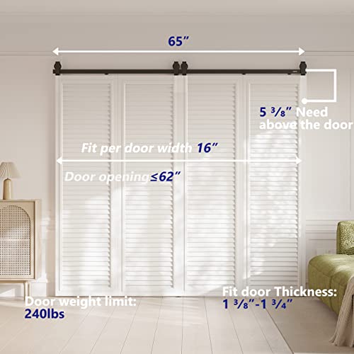 Smartsmith 65” Bi-Folding Barn Sliding Door Hardware Top Mount Track Kit, Upgraded Standard Size Door Based Design,Heavy Duty Side Mounted Black Roller Fit 4X16" Door Panels,Doors Not Included #TOP3