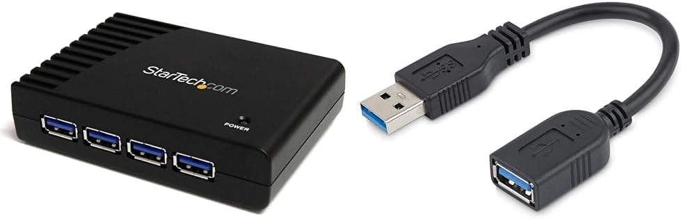 StarTech.com 4-Port USB 3.0 SuperSpeed Hub with Power Adapter - 5Gbps & 6in Short USB 3.0 (5Gbps) Extension Adapter Cable (USB-A Male to USB-A Female)