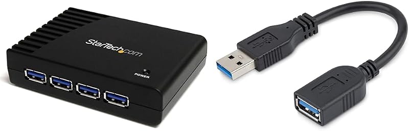 4-Port USB 3.0 SuperSpeed Hub with Power Adapter - 5Gbps & 6in Short USB 3.0 (5Gbps) Extension Adapter Cable (USB-A Male to USB-A Female)