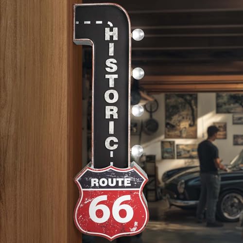 American Art Decor Vintage LED Marquee Wall Decor - Retro Wall Sign w/LED Light Bulbs - Battery Operated Metal Wall Art for Bar, Man Cave, Garage, Game Room & More (Historic Route 66, 30