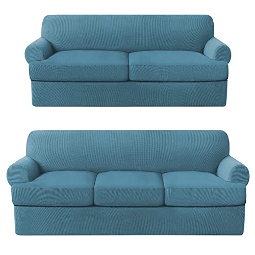 PrinceDeco T Cushion Sofa Slipcovers Bundle 3/4 Pieces Sofa Covers, Furniture Protector, Plaid Pattern, Removable and Washable, Storm Blue