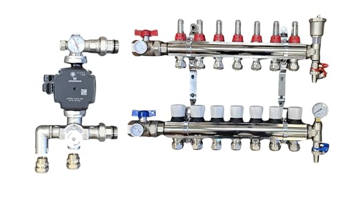 Wärmer System 7 Port Brass Underfloor Heating Manifold with A Rated Pump UPM3 Auto Flex, Blending Mixing Valve, 16mm Pipe Connection, and Ball Valves with Gauges