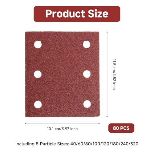 80 Stück Schleifpapier Klett Set 115x101mm, Körnung 40 60 80 100 120 180 240 320 6 Löcher Schleifblätter Multischleifer für Schwingschleifer Kompatibel mit Makita BO4555 BO4561 DBO484Z für Holz Metall