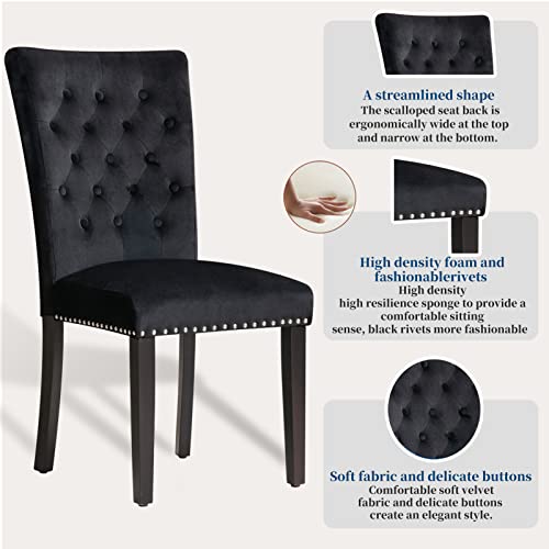 Restworld Velvet Fabric Dining Chair Set Of 2 With Button & Nailhead Decoration, Tufted Upholstered Chair For Bedroom & Dining Room, Modern Luxury Style Solid Wood Legs (Black) #TOP4