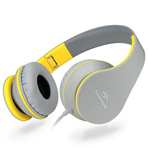 Headphones, Sound Intone I65 Headphones with Microphone and Volume Control for Travel, Work, Sport , Foldable Headset for Iphone and Android Devices, Valentines Day Gifts (Gray/yellow)
