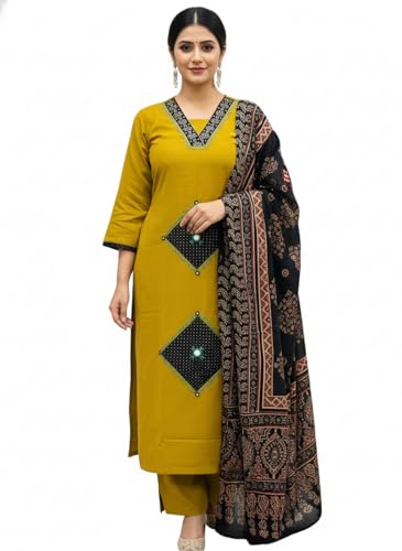 Image of BHARVITA Women's Rayon Handwork Embroidered and Printed Straight Kurta with Pant And Dupatta Sets
