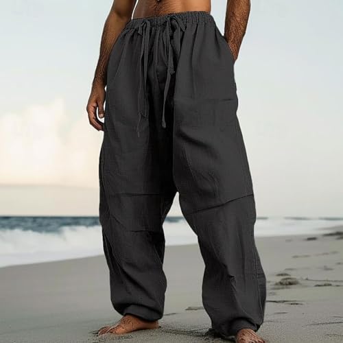 Linen Pants Men Lightweight Oversized Wide Leg Pants Summer Loose Fit Classic Drawstring Elastic Casual Pants Pockets2