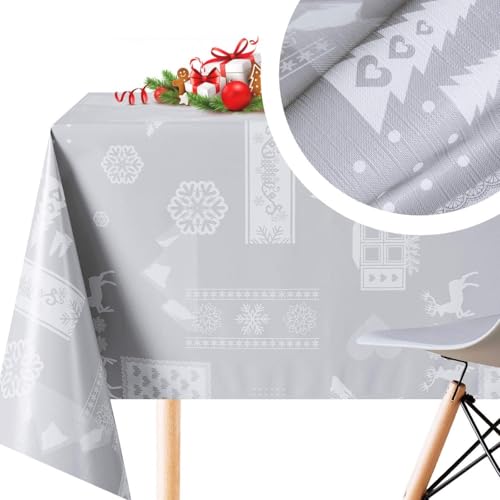 KP HOME Mantel Hule Mesa Rectangular 300x140 Gris Mantel PVC Navidad Festivo con Renos Plastificado Fácil Limpieza Impermeable Mantel Plástico Hules para Mesas Cocina Mantel Impermeable 3m Navideño