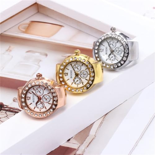 cdybox women elegant finger watch with diamonds round quartz analog ring watch for men 3 pack