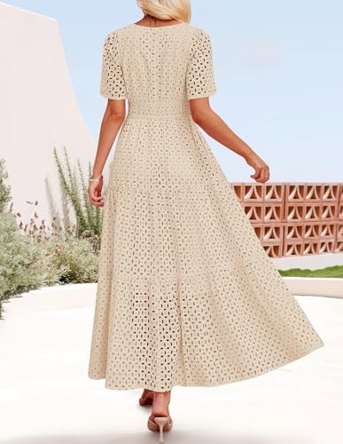 Image of ZESICA Women's 2026 Summer Short Sleeve Maxi Dress Casual V Neck Hollow Out Eyelet Ruffle Swing A Line Long Dresses