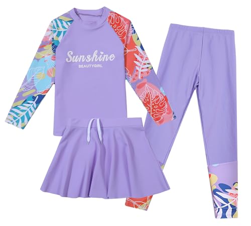 Image of Happy Cherry Girls Rash Guard Swimsuit 3 Piece Long Sleeve Swim Shirt with Shorts Long Pants Bathing Suit Swimwear