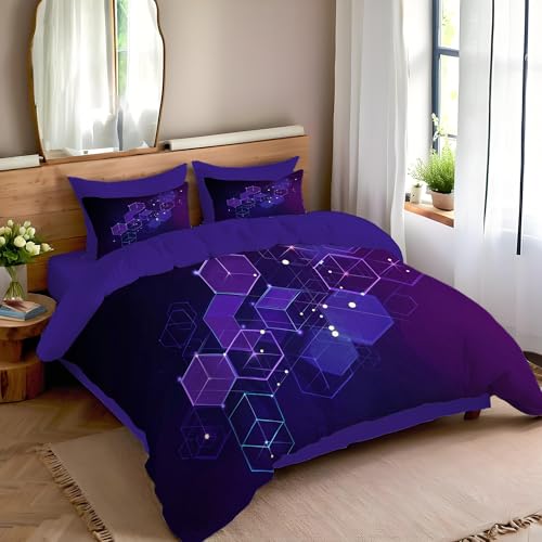 Housse de couette 240x260 violette avec 2 taies d'oreiller imprimé hexagone