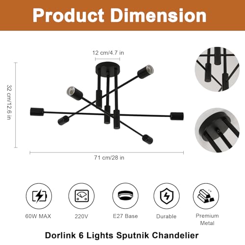 Dorlink Sputnik Ceiling Light, 6-Light Matte Black Flush Mount Ceiling Light, Industrial E27 Sputnik Chandelier - Image 2
