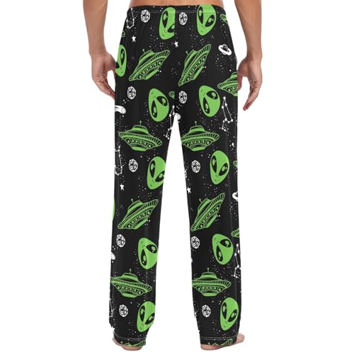 Pigsaly Men's Pajama Bottoms Green Alien Mens Pajama Pants Space Ufo Cotton Pj Bottoms Sleepwear Lounge Pants M3