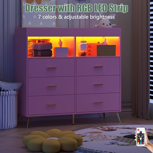 GarveeHome Dresser for Bedroom with 6 Drawers, Baby Changing Table Dresser with Changing Pad, LED Lights & Charging Station, Baby Changing Station with Changing Table Top, Pink