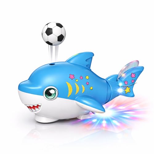 Image of Musical Dancing Shark Toy with Ball Blowing on Air for Kids Moving 360 Degree Rotating Light and Sound Toy with Bump and Go Action for Toddlers Both Boys Girls (Grey or Blue Colour)