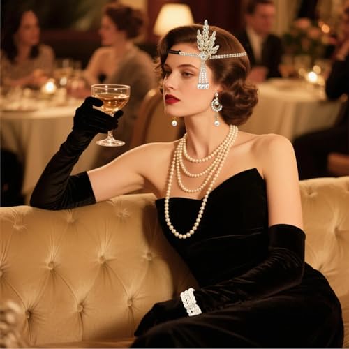 5 Teiliges 20er Jahre Accessoires, Great Gatsby, Damen Charleston Accessoires, mit Perlen Ohrring Halskette Handschuh Armband Kopfbedeckung, für Halloween Weihnachten Elegant Party Abschlussball