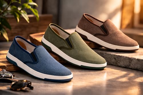 Image of Marswalk Men's Casual Slip-On Shoes, Blue Canvas, Breathable, Lightweight, Rubber Sole
