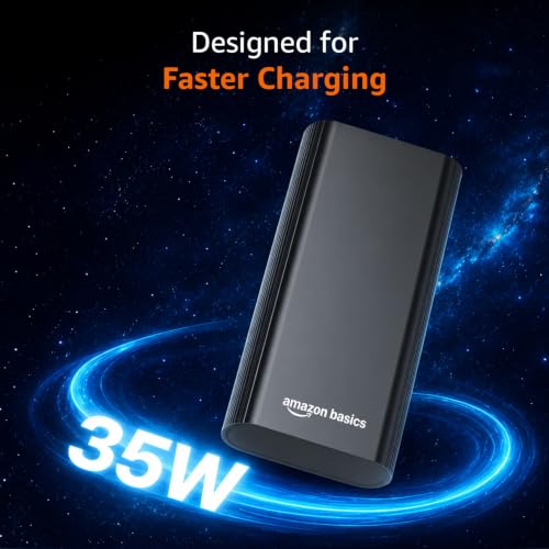 Image of Amazon Basics 20000 mAh Power Bank, 35W Fast Charging PD3.0, Output (2 Type C & 1 USB), for iPhone, Android, Tablets & Other Devices, Slim Metal Body, Flight Friendly, Type C Cable (Black)