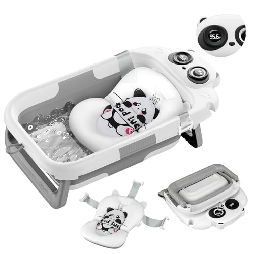 Collapsible Baby Bathtub for Newborn to Toddler (0-24 Months), Portable Baby Bath Tub for Travel, Newborn Bathtub with Soft and Supportive Cushion (Panda-Gray)