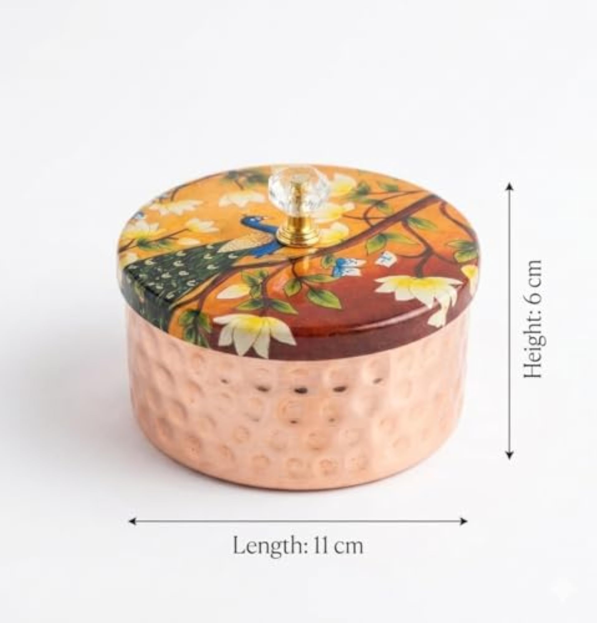 Hammered Copper Storage Box with Painted Peacock Lid