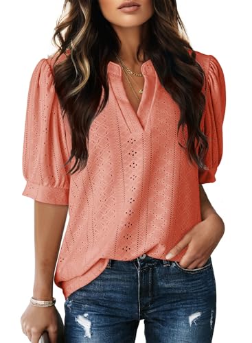 Image of Dokotoo Womens Blouses V Neck Puff Short Sleeve Business Casual Tops