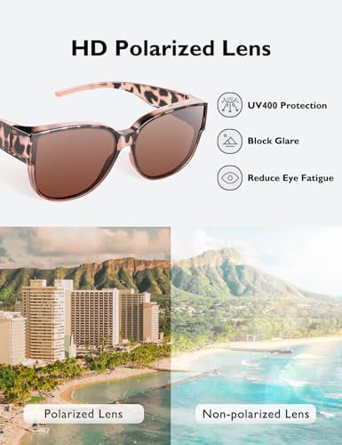 Polarised Fit Over Glasses Sunglasses for Women UV Protection, Trendy Oversized Square Wrap Around Shades for Driving(Amber Leopard,Brown) - Image 3