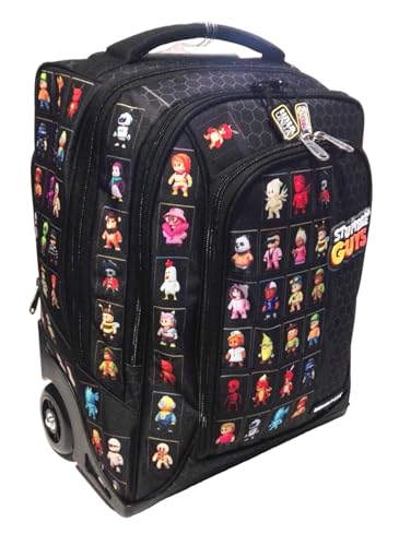 PRESTIGE & DELUXE Stumble Guys - Mochila escolar con ruedas, color negro, redondo, 3 compartimentos con insignias - Color liso Pool Over + 7 bolígrafos borrables y llavero Stumble Guys, multicolor,