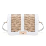 FALETO Straw Crossbody Bags for Women Summer Leather Stitching Straw Flap Bag Handbag Shoulder Clutch Purse White
