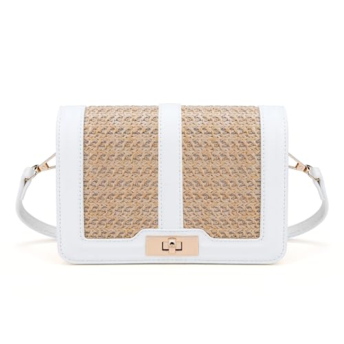 Image of FALETO Straw Crossbody Bags for Women Summer Leather Stitching Straw Flap Bag Handbag Shoulder Clutch Purse
