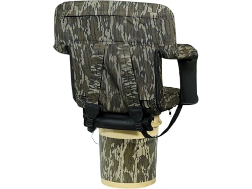 Image of Muddy Deluxe Stadium Bucket Chair - Mossy Oak Bottomland Camo 5-Gallon Bucket Seat with Armrests, Padded Backrest, 3 inch Cushion, Backpack Straps & Hunting Comfort Chair