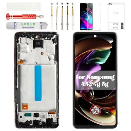 Écran pour Samsung A52 de rechange avec bloc tactile digitizer et cadre noir complet