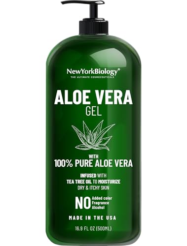 New York Biology Aloe Vera Gel for Face, Skin and Hair - Infused with Tea Tree Oil - From Fresh Aloe Vera Plant - Moisturizing Aloe Vera for Sunburn Relief and Dry Skin - 16.9 Fl Oz