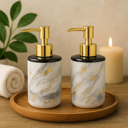 Image of LAGET 300ml Soap Dispenser for Wash Basin - Marble Golden Print | Kitchen and Bathroom Accessories Items | Refillable Handwash Dispenser Bottle- Set of 2 (White Twinkle)