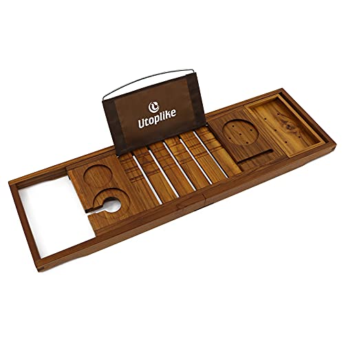 Utoplike Teak Bathtub Caddy Tray Bath Tray For Tub,Unique Bathtub Organizer With Book Tablet Wine Glass Cup Towel Holder,Adjustable, For Your Loved #TOP6