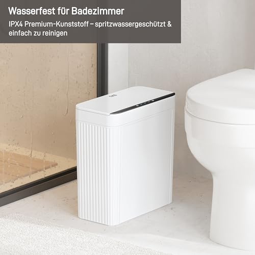 EKO Brio Sensor Mülleimer Bad 10L, Automatischer Berührungsloser Badezimmer-Mülleimer, Wasserdicht, Schlanker Abfalleimer mit Seitlicher Öffnung, für Bad, Schlafzimmer und Wohnzimmer, Weiß