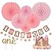 FIRST BIRTHDAY DECORATION SET FOR GIRL- 1st Baby GIRL Birthday Party, Stars Paper Garland, Gold Cake Topper"One", Pink Banner, Pink Fiesta Hanging Paper Fan Flower, Pink Baby Hat (Pink)