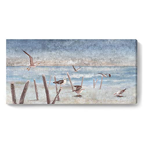 Beach Wall Art For Living Room Modern Ocean Theme Canvas Print Seaside Seagull Painting Abstract Coastal Picture Perching Bird By The Sea Shore Framed Artwork For Bedroom Bathroom 32X16Inch #TOP23