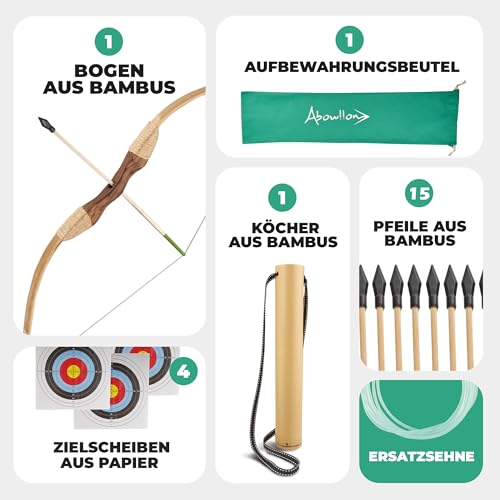Abowllon® Pfeil und Bogen Kinder Sportgerät Set 15 Pfeile mit Gummispitze, Köcher, Tasche & 4 Zielscheiben | Bogenschießen Kinder | Für Rechts und Linkshänder