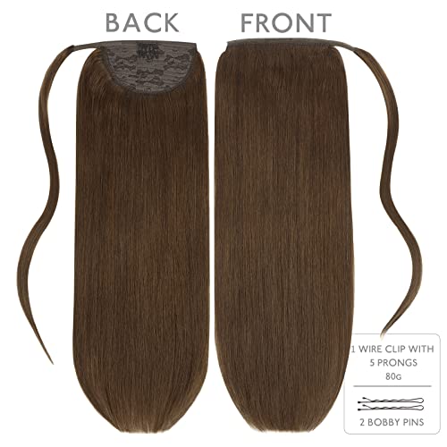 Image of WENNALIFE Ponytail Hair Extension, 20 Inch 90g Chocolate Brown Ponytail Extension Human Hair Clip in Wrap Around Remy Human Hair Extension Hairpieces Real Human Hair