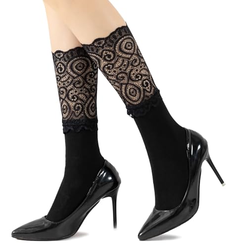 Womens Lace Cotton Socks Transparent Mesh Ruffle Dress Calf Socks (Black, 1 Pairs Thicken) - Main Image
